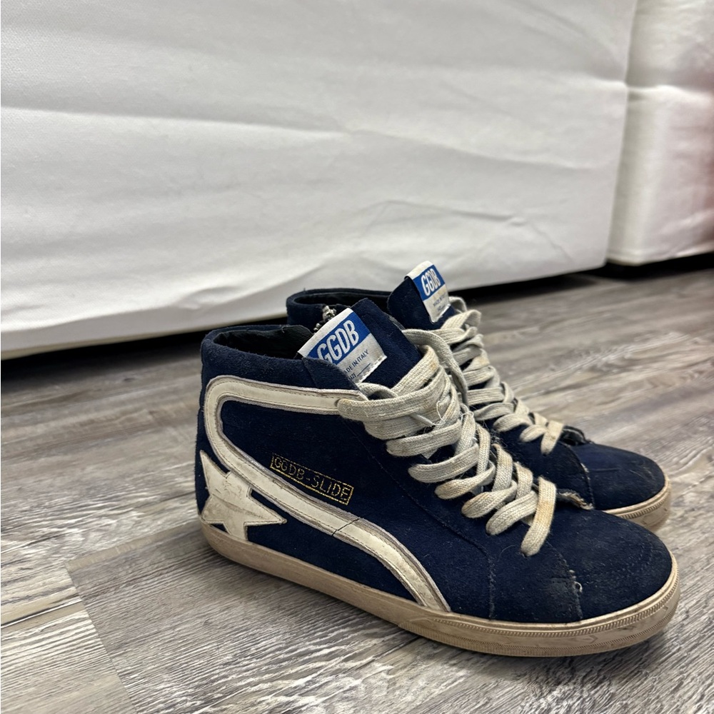 Women’s Golden Goose Navy and White High-Top Sneakers